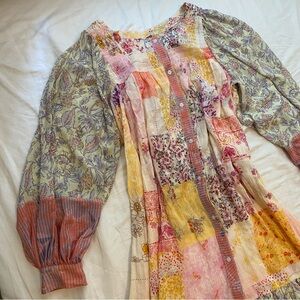 Free People Patchwork Print Gauzy Indian Cotton Balloon Sleeve Button Down Dress